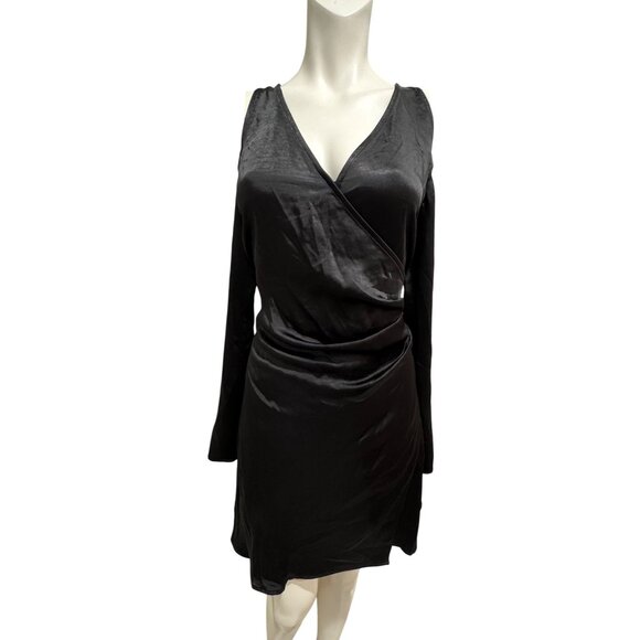 ASTR The Label Dress Satin Long Sleeve Shoulder Cutout Draped Mini Black Dress - Picture 1 of 6
